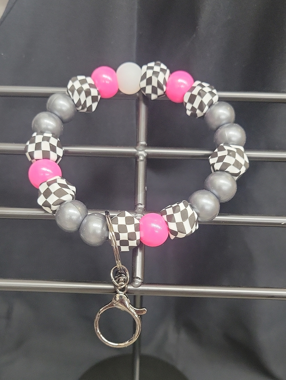 Beaded Pink & Gray Checker Keyring Bracelet